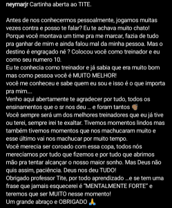 Neymar escreve carta para Tite após eliminação do Brasil e demissão do técnico na Copa do Mundo