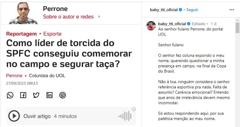 Após nome exposto, presidente de ORGANIZADA do São Paulo MASSACRA jornalista