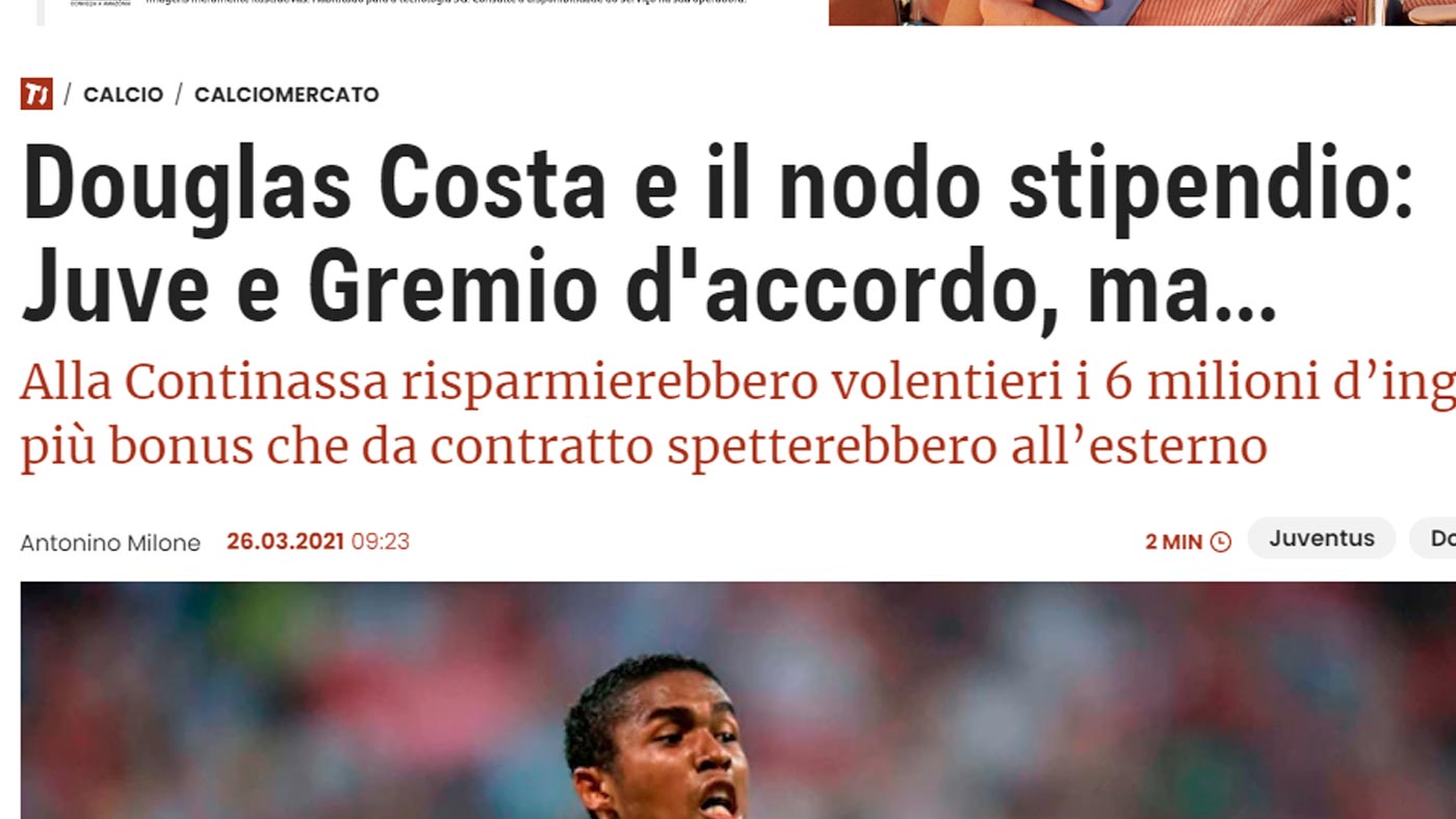 Juventus pode liberar Douglas Costa ao Grêmio, diz jornal italiano