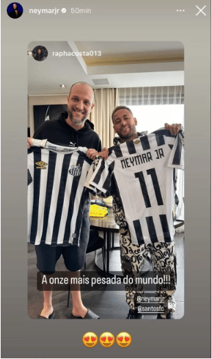 Nas redes sociais, Neymar posa com a camisa do Santos: “A 11 mais pesada do mundo”