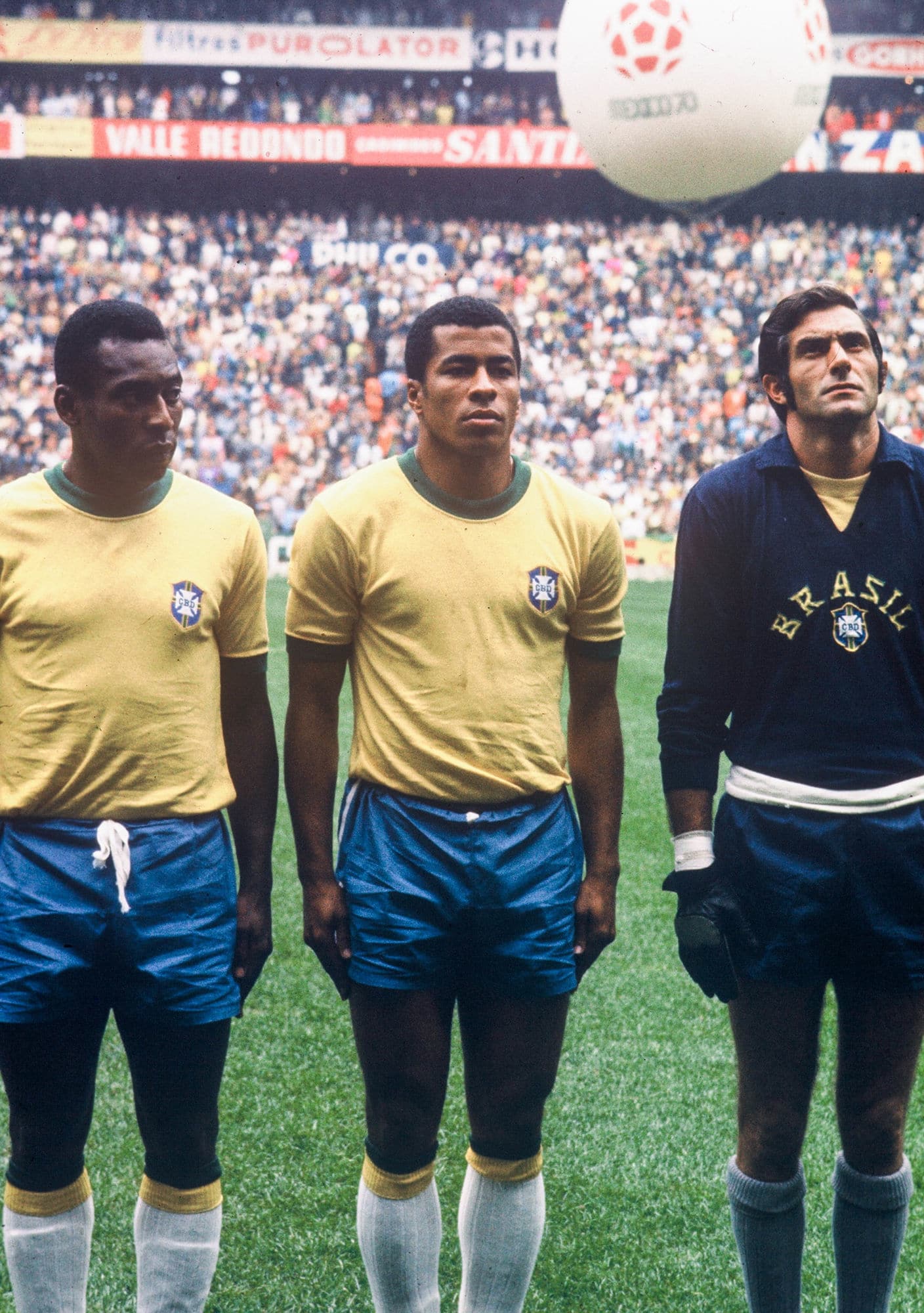 Pelé, Jairzinho e Felix durante jogo entre Brasil e Itália no México na copa de 1970