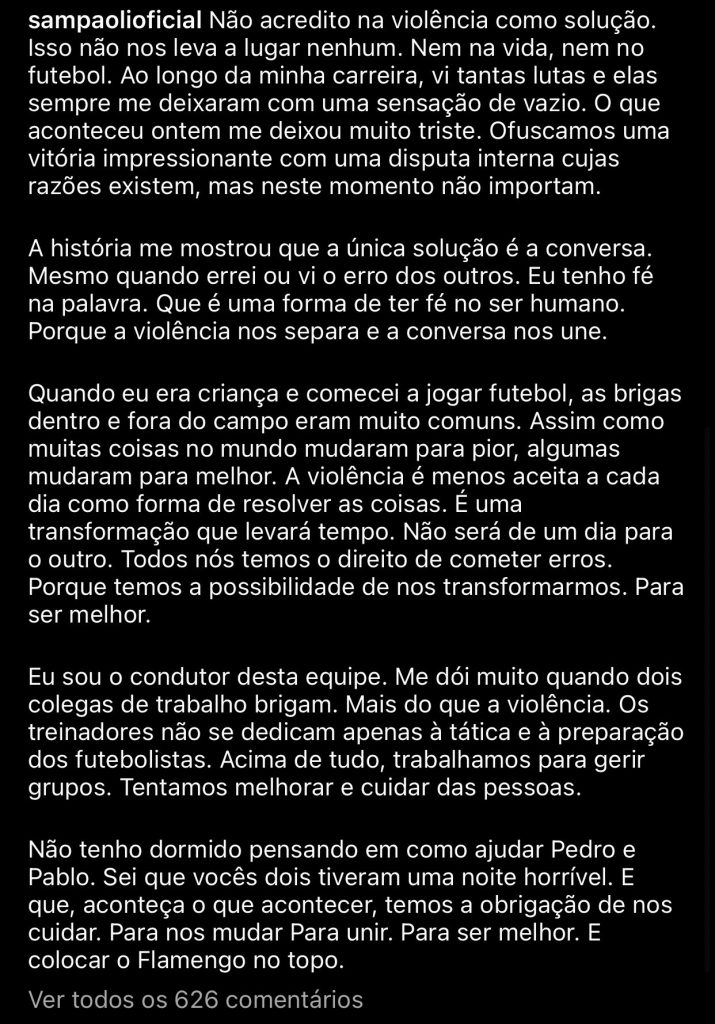 “Me deixou muito triste”, Sampaoli desabafa sobre agressão em Pedro e divide a torcida rubro-negra