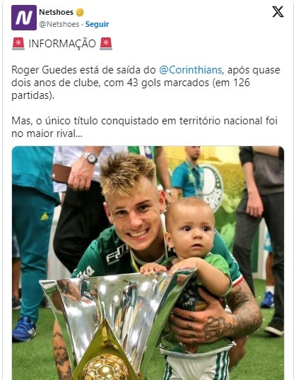 Foto: (Reprodução) - A postagem da Netshoes que provocou o Corinthians usando Róger Guedes no Palmeiras