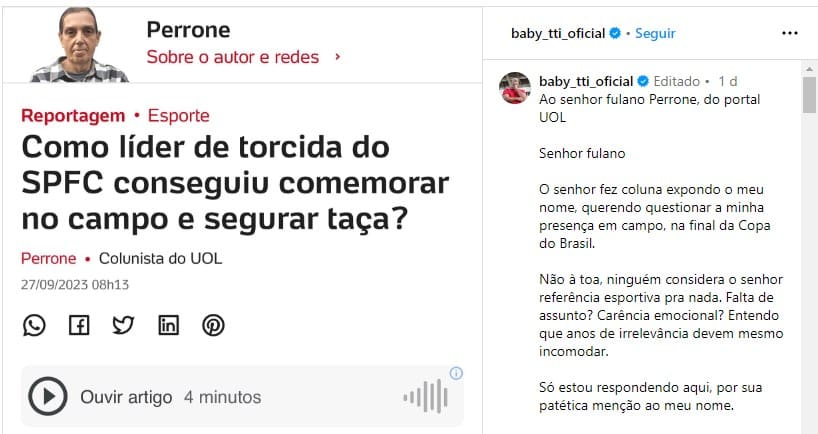 Após nome exposto, presidente de ORGANIZADA do São Paulo MASSACRA jornalista